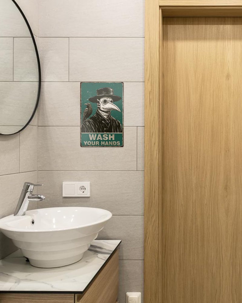 ALKB Gothic Plague Doctor Bathroom Sign 8x12” – "WASH YOUR HANDS" – Gothic Horror Decor, Dark Humor Handwashing Reminder, Novelty Gift - Image 2